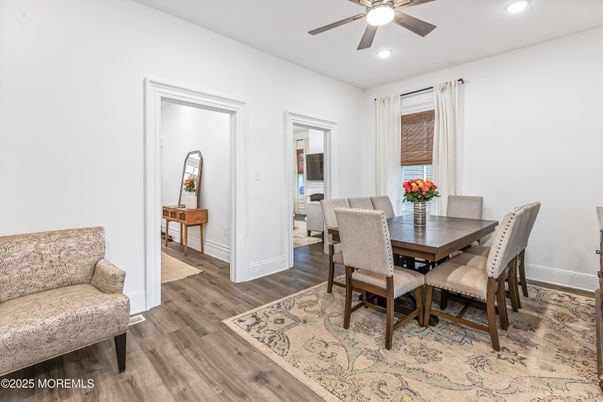 Dining room, Interior, Recessed Lighting, Wood Texture Flooring