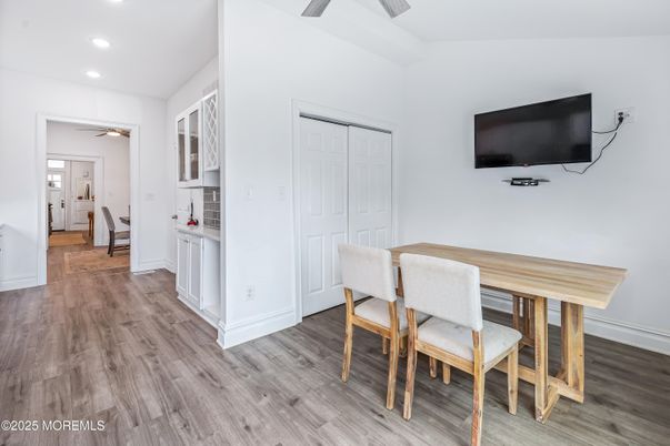Dining room, Interior, Recessed Lighting, Wood Texture Flooring