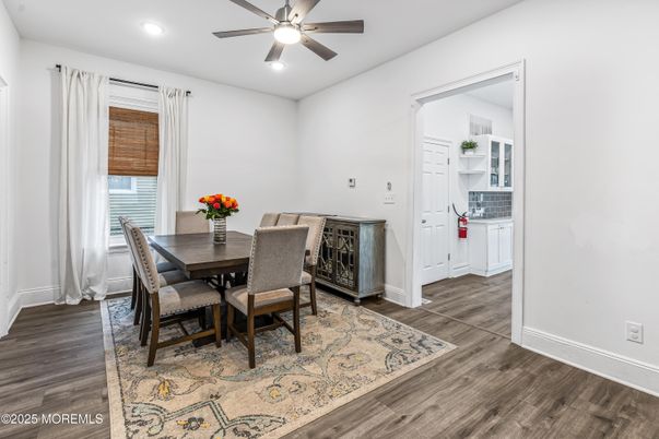 Dining room, Interior, Recessed Lighting, Wood Texture Flooring