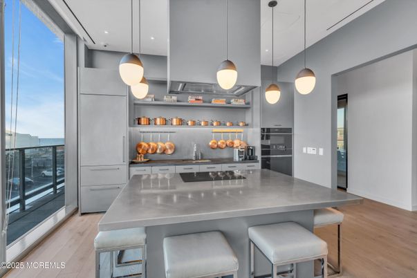 Interior, Kitchen, Pendant Lights, Recessed Lighting, Stainless Steel Appliances, Water, Wood Texture Flooring