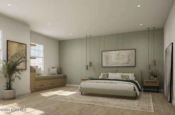 Bedroom, Interior, Pendant Lights, Recessed Lighting, Wood Texture Flooring