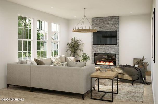 Fireplace, Interior, Living room, Pendant Lights, Recessed Lighting, Wood Texture Flooring