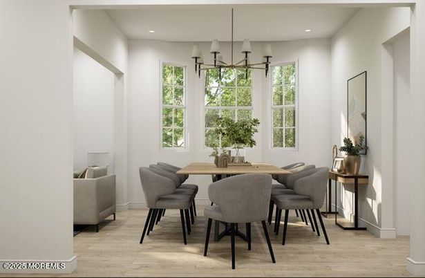 Chandelier, Dining room, Interior, Pendant Lights, Recessed Lighting, Wood Texture Flooring