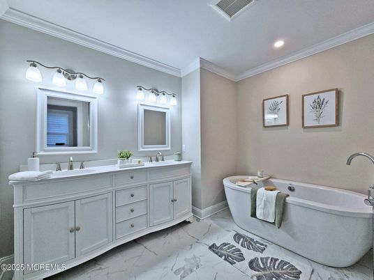 Bathroom, Dual Sink Vanities, Free Standing Baths, Interior, Marble, Recessed Lighting