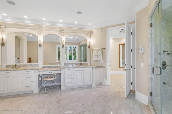 Bathroom, Dual Sink Vanities, Glass Shower, Interior, Marble, Recessed Lighting