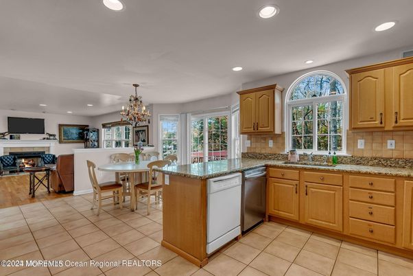 Chandelier, Dining room, Fireplace, Interior, Kitchen, Living room, Recessed Lighting