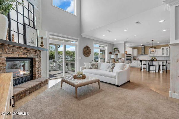 Fireplace, Interior, Kitchen, Living room, Pendant Lights, Recessed Lighting, Wood Texture Flooring