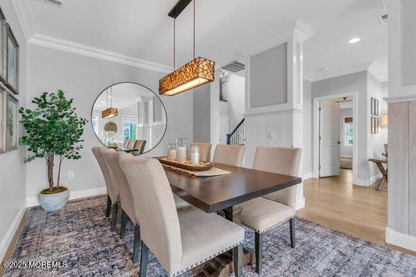 Dining room, Interior, Pendant Lights, Recessed Lighting, Wood Texture Flooring