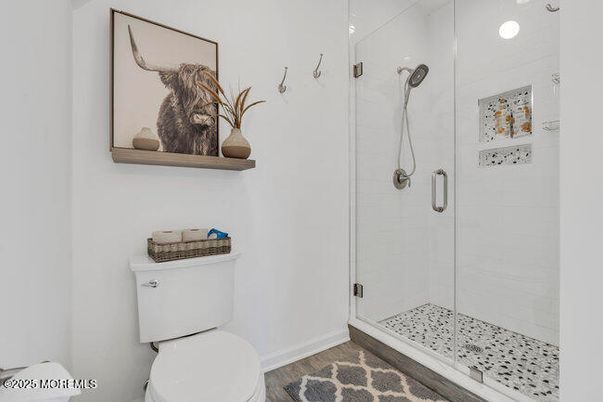 Bathroom, Glass Shower, Interior, Wood Texture Flooring