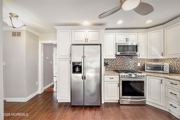 Interior, Kitchen, Recessed Lighting, Stainless Steel Appliances, Wood Texture Flooring