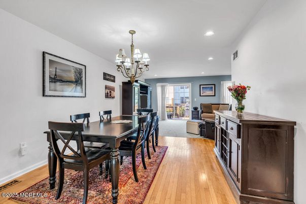 Chandelier, Dining room, Interior, Living room, Recessed Lighting, Wood Texture Flooring