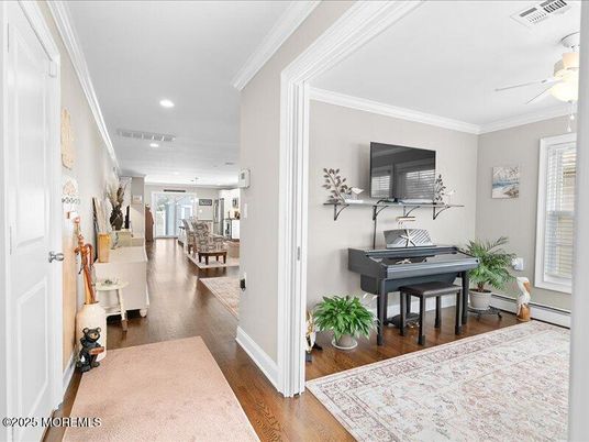Dining room, Interior, Piano, Recessed Lighting, Wood Texture Flooring