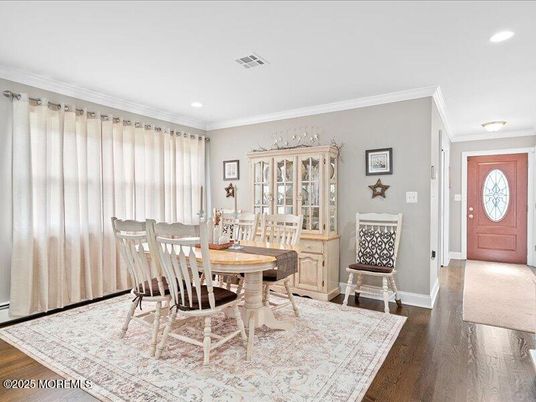 Dining room, Interior, Recessed Lighting, Wood Texture Flooring