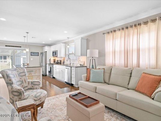 Interior, Kitchen, Living room, Pendant Lights, Recessed Lighting, Stainless Steel Appliances, Wood Texture Flooring