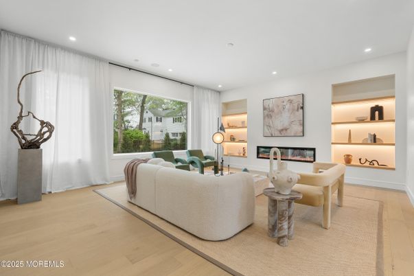 Fireplace, Interior, Living room, Recessed Lighting, Wood Texture Flooring