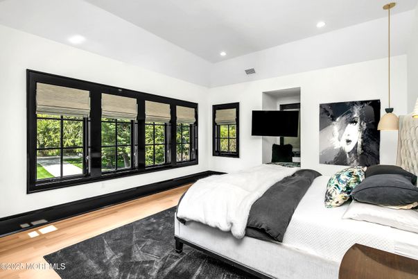 Bedroom, Interior, Pendant Lights, Recessed Lighting, Wood Texture Flooring