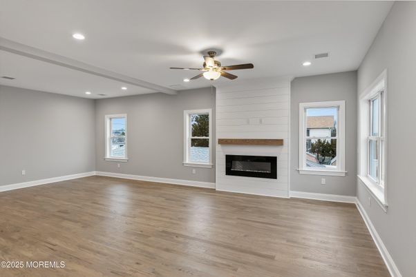 Empty room, Fireplace, Interior, Recessed Lighting, Wood Texture Flooring