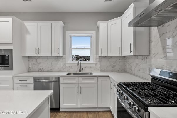 Interior, Kitchen, Marble Walls, Stainless Steel Appliances, Wood Texture Flooring