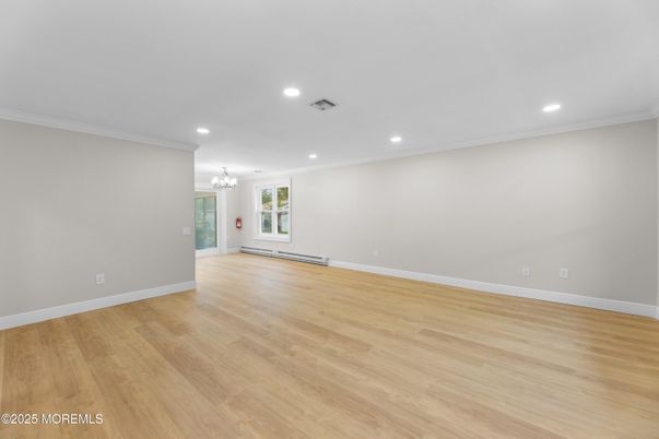Chandelier, Empty room, Interior, Recessed Lighting, Wood Texture Flooring
