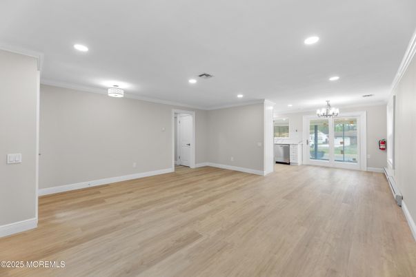 Chandelier, Empty room, Interior, Kitchen, Recessed Lighting, Wood Texture Flooring