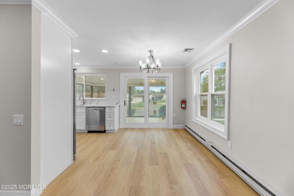 Chandelier, Interior, Kitchen, Recessed Lighting, Wood Texture Flooring