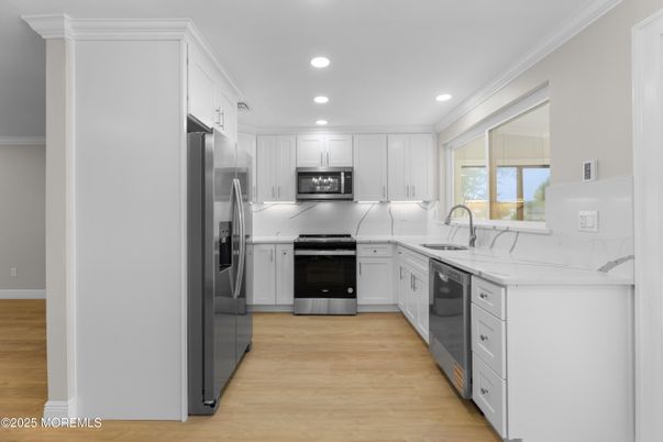 Interior, Kitchen, Recessed Lighting, Stainless Steel Appliances, Wood Texture Flooring