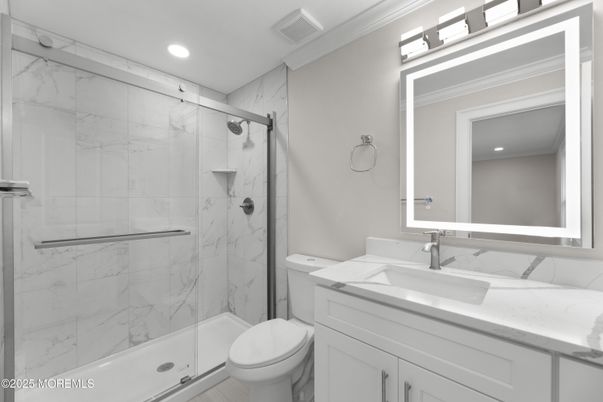 Bathroom, Glass Shower, Interior, Marble Walls, Recessed Lighting