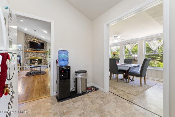 Dining room, Fireplace, Interior, Recessed Lighting, Wood Texture Flooring