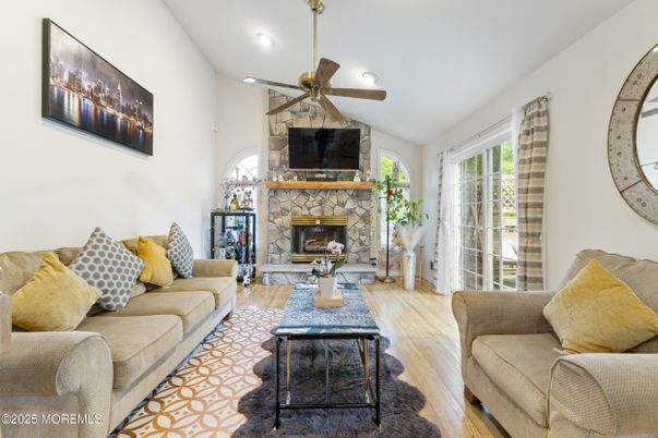Fireplace, Interior, Living room, Recessed Lighting, Wood Texture Flooring
