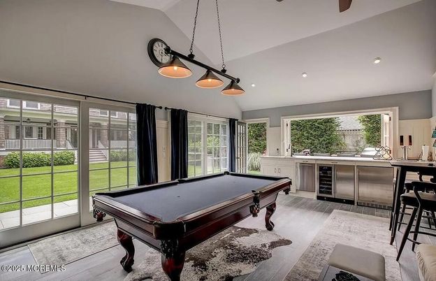 Billiard Table, Game Room, Interior, Pendant Lights, Recessed Lighting, Wood Texture Flooring