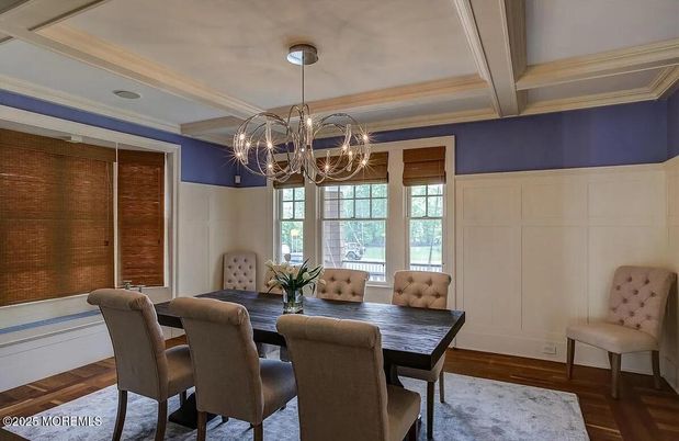 Chandelier, Dining room, Interior, Wood Texture Flooring