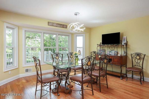 Dining room, Interior, Pendant Lights, Wood Texture Flooring