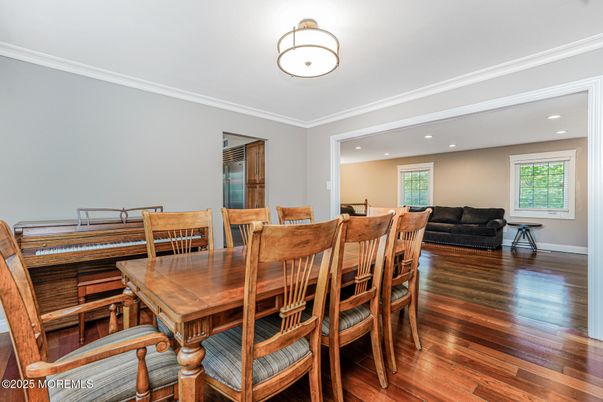 Dining room, Interior, Recessed Lighting, Wood Texture Flooring