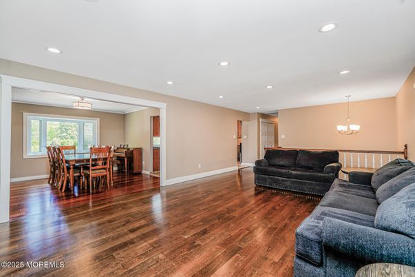 Chandelier, Dining room, Interior, Living room, Recessed Lighting, Wood Texture Flooring
