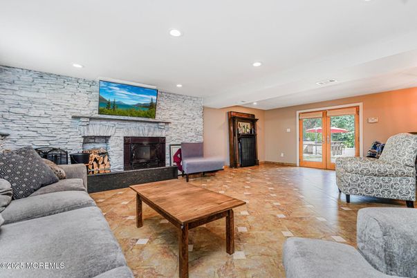 Fireplace, Interior, Living room, Recessed Lighting, Stone Walls