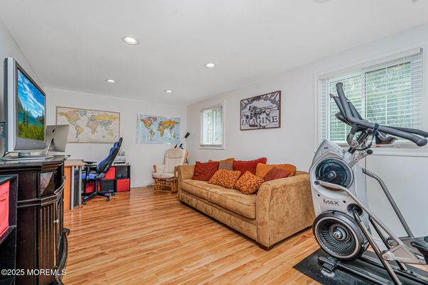 Fitness Equipment, Home Office, Interior, Recessed Lighting, Wood Texture Flooring