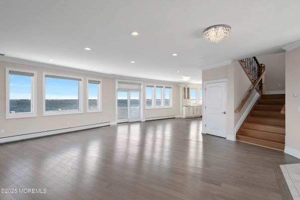 Chandelier, Empty room, Interior, Recessed Lighting, Wood Texture Flooring