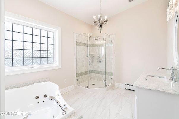 Bathroom, Chandelier, Glass Shower, Interior, Marble