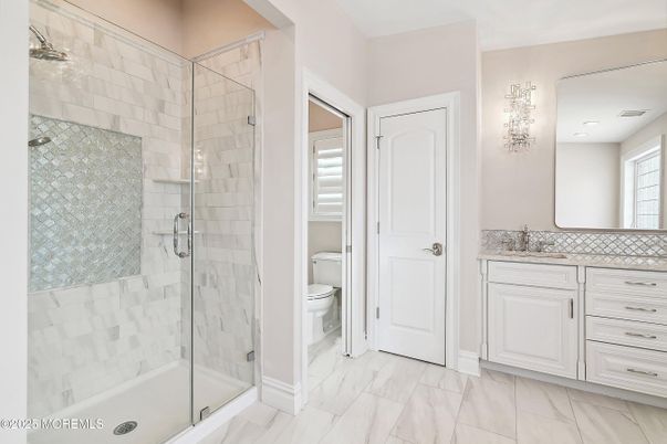 Bathroom, Glass Shower, Interior, Marble, Marble Walls, Recessed Lighting