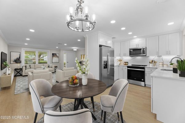 Chandelier, Dining room, Interior, Kitchen, Living room, Recessed Lighting, Stainless Steel Appliances, Wood Texture Flooring