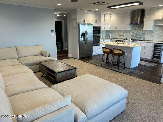 Interior, Kitchen, Living room, Recessed Lighting, Stainless Steel Appliances, Wood Texture Flooring