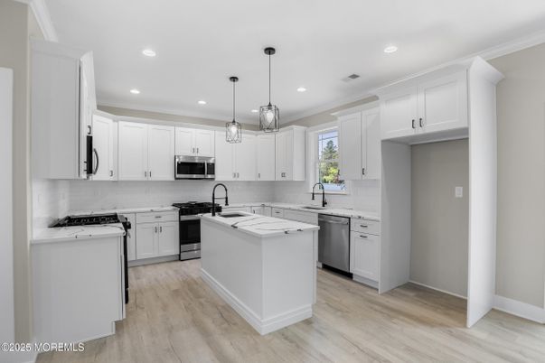 Interior, Kitchen, Pendant Lights, Recessed Lighting, Stainless Steel Appliances, Wood Texture Flooring