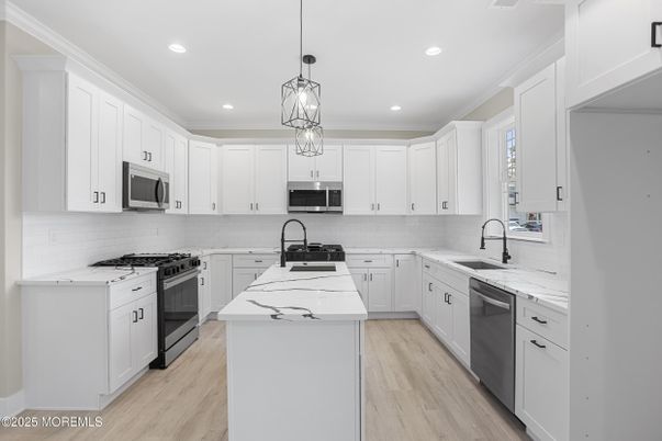 Interior, Kitchen, Pendant Lights, Recessed Lighting, Stainless Steel Appliances, Wood Texture Flooring