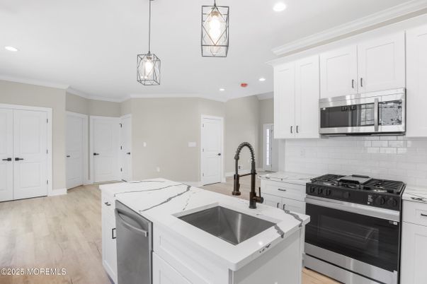 Interior, Kitchen, Pendant Lights, Recessed Lighting, Stainless Steel Appliances, Wood Texture Flooring