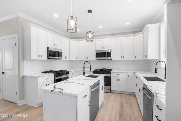 Interior, Kitchen, Pendant Lights, Recessed Lighting, Stainless Steel Appliances, Wood Texture Flooring