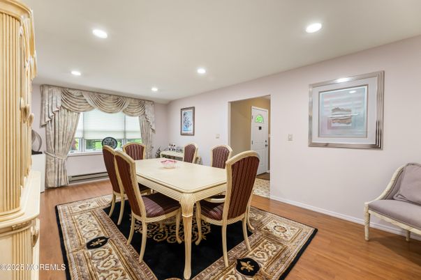 Dining room, Interior, Recessed Lighting, Wood Texture Flooring