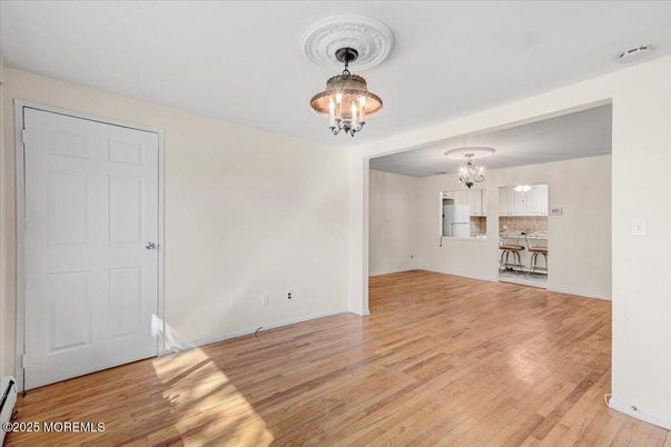 Chandelier, Empty room, Interior, Kitchen, Wood Texture Flooring