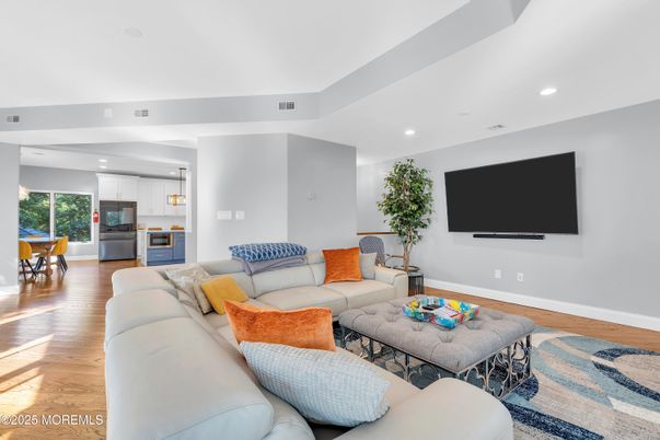 Dining room, Interior, Kitchen, Living room, Recessed Lighting, Stainless Steel Appliances, Wood Texture Flooring