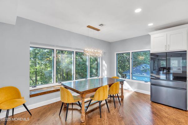 Chandelier, Dining room, Interior, Pendant Lights, Recessed Lighting, Wood Texture Flooring