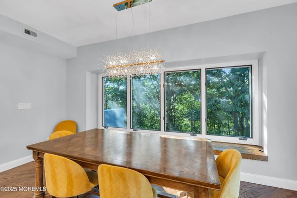 Dining room, Interior, Pendant Lights, Wood Texture Flooring